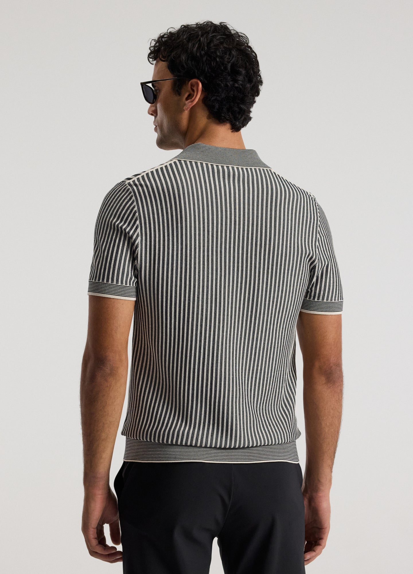 Ribbed Technical Knit Stripe Polo Navy