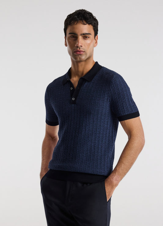 Textured Jacquard Merino Polo Navy