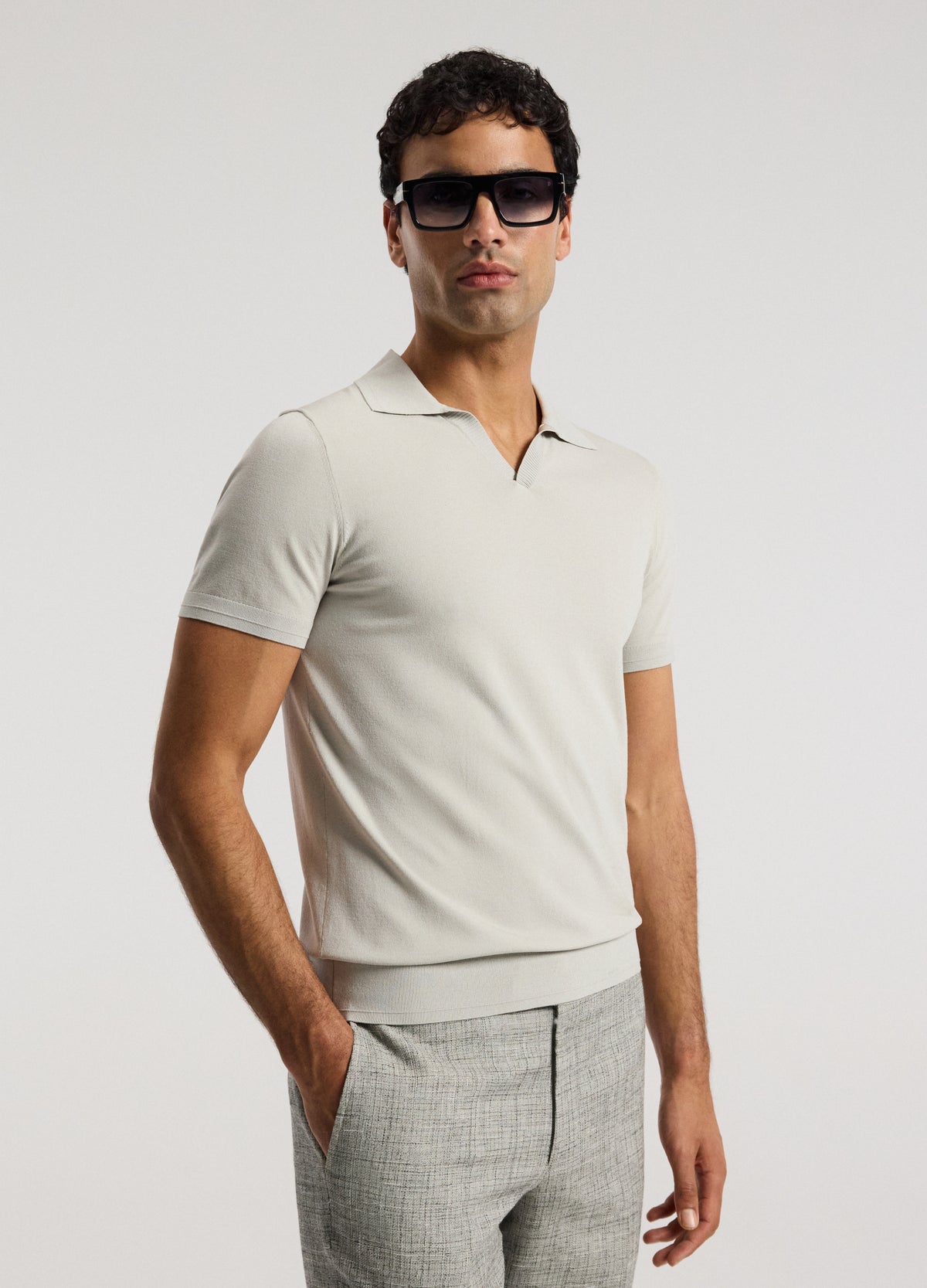 Technical Knit Rib Collar Polo Silver
