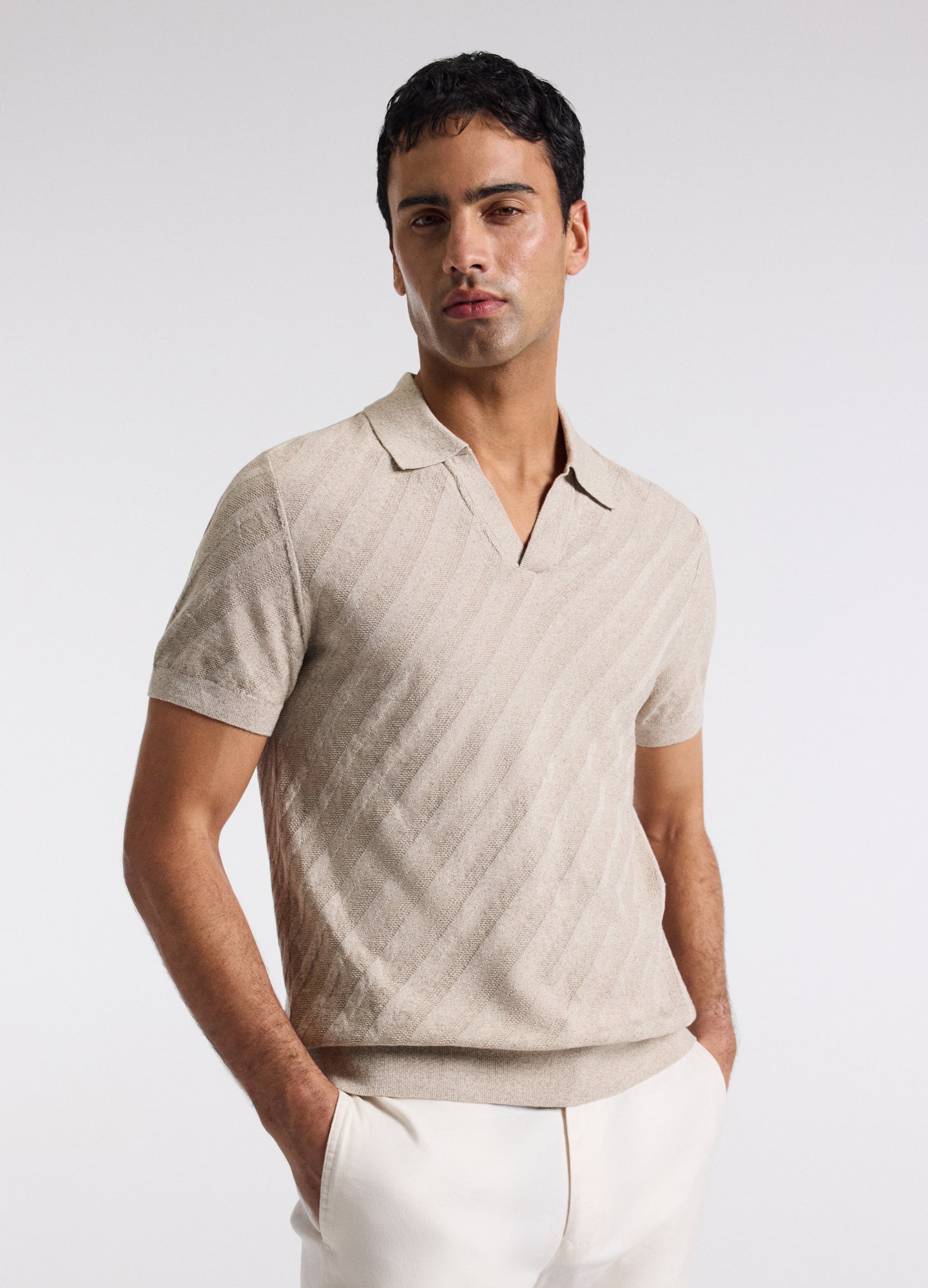 Linen Blend Open Neck Polo Sand