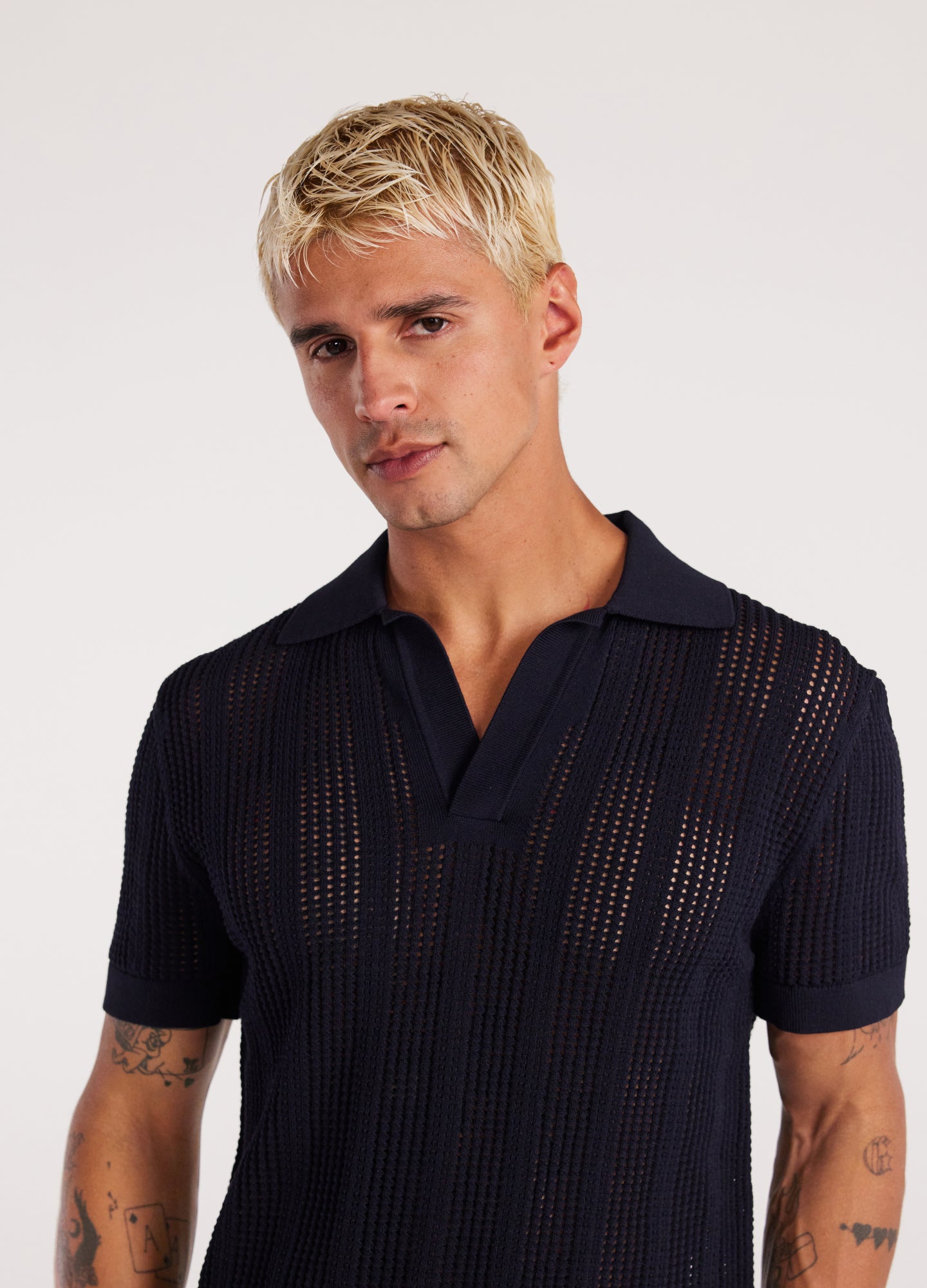 Self Stripe Mesh Knit Polo Navy