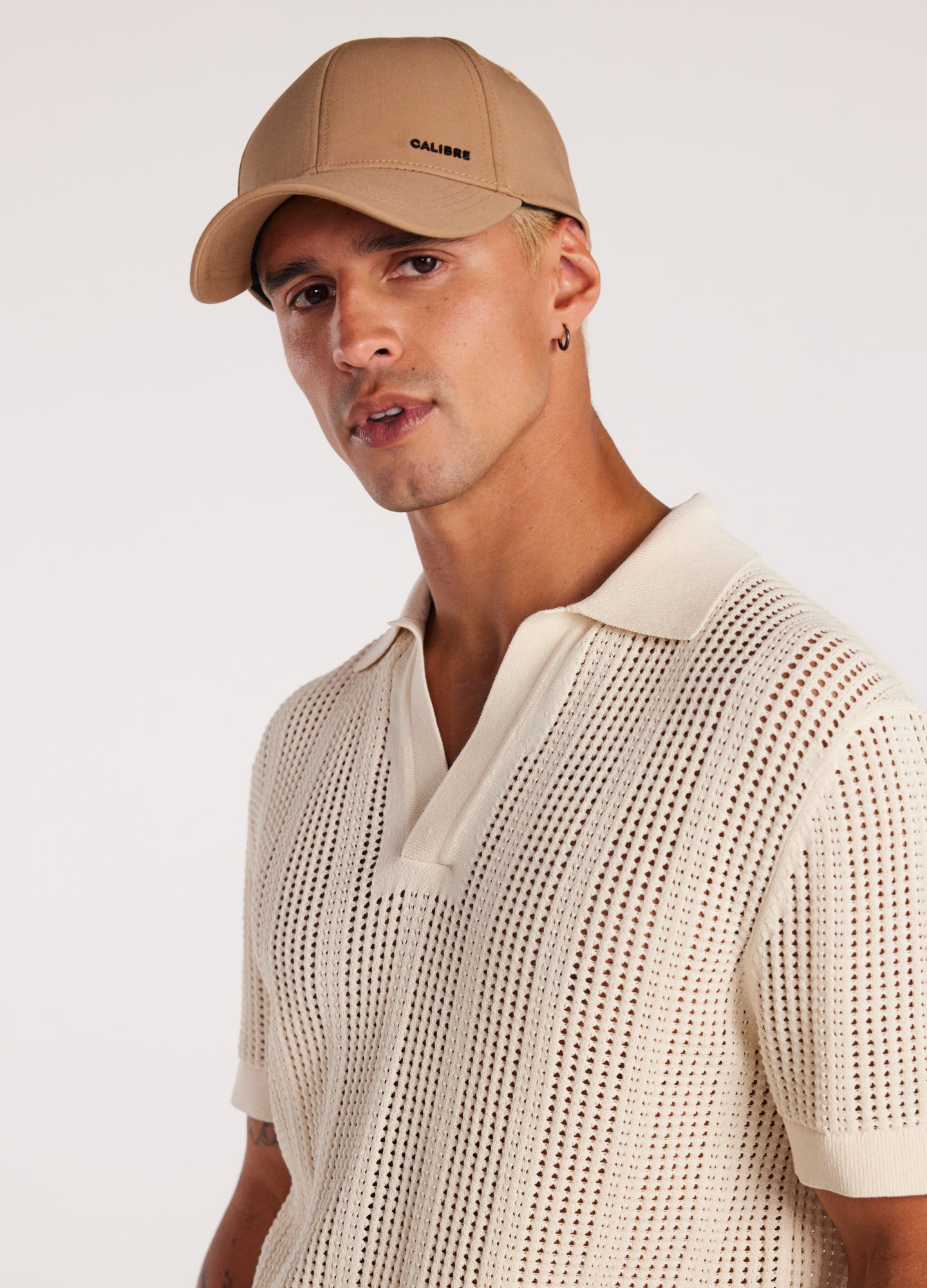 Self Stripe Mesh Knit Polo Wheat