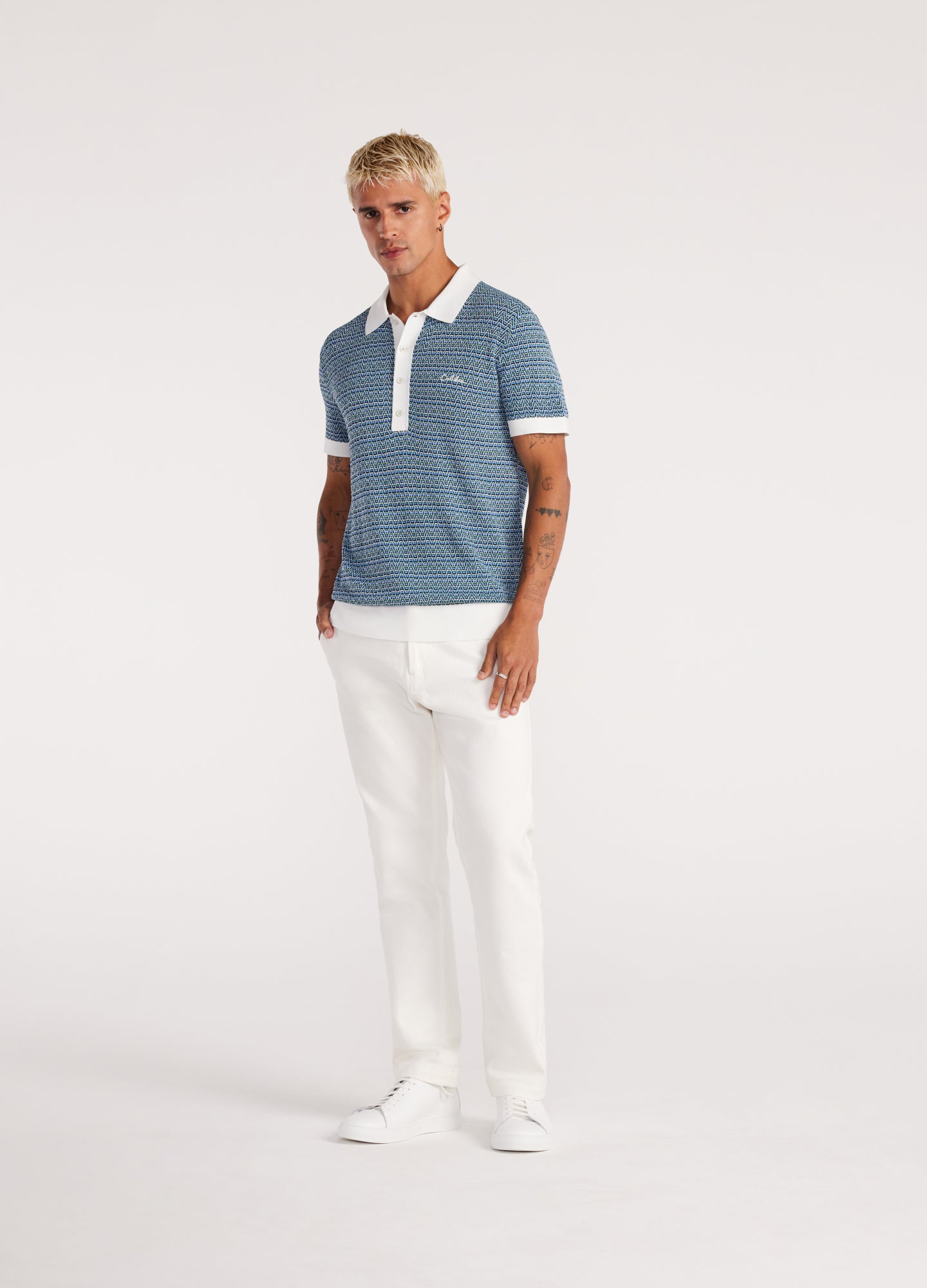 Multi Tone Jacquard Knit Polo Blue