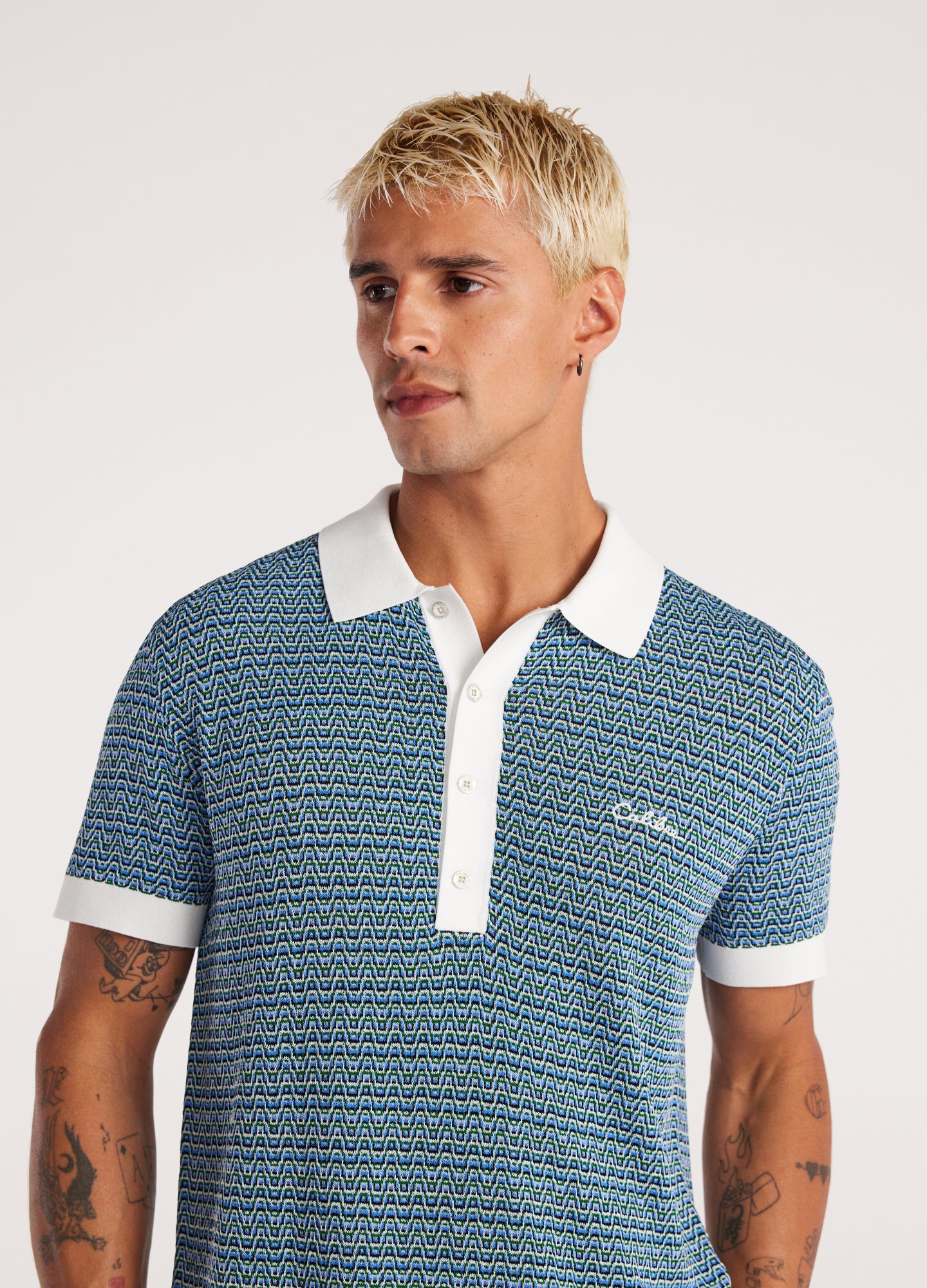 Multi Tone Jacquard Knit Polo Blue