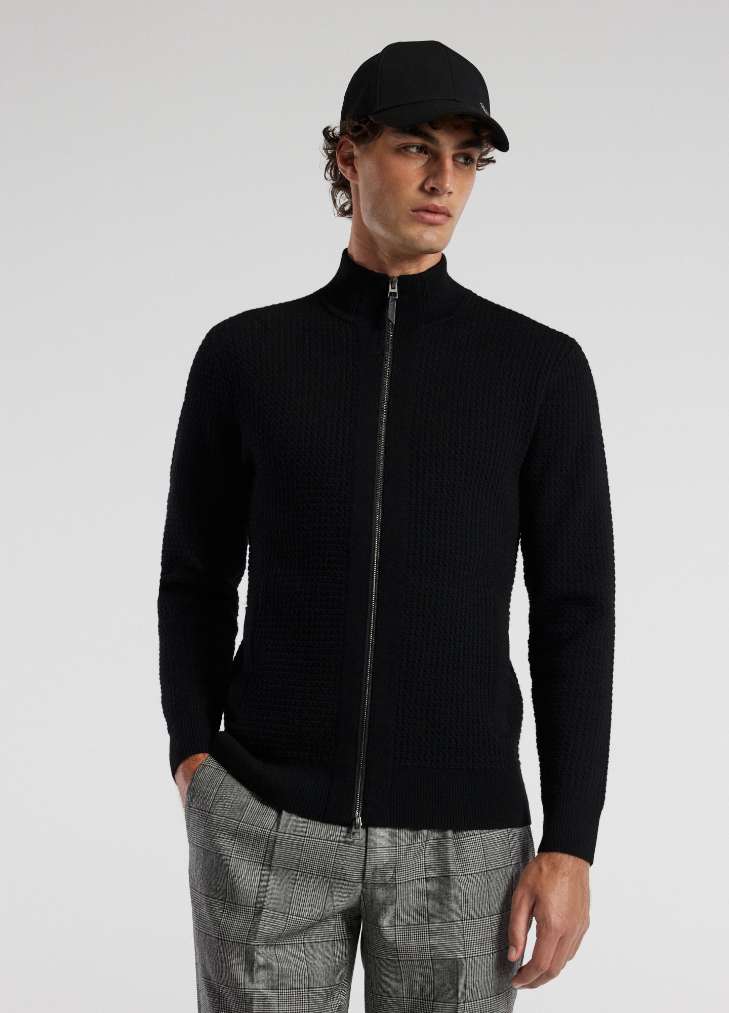 Textured Zip Cardigan Black