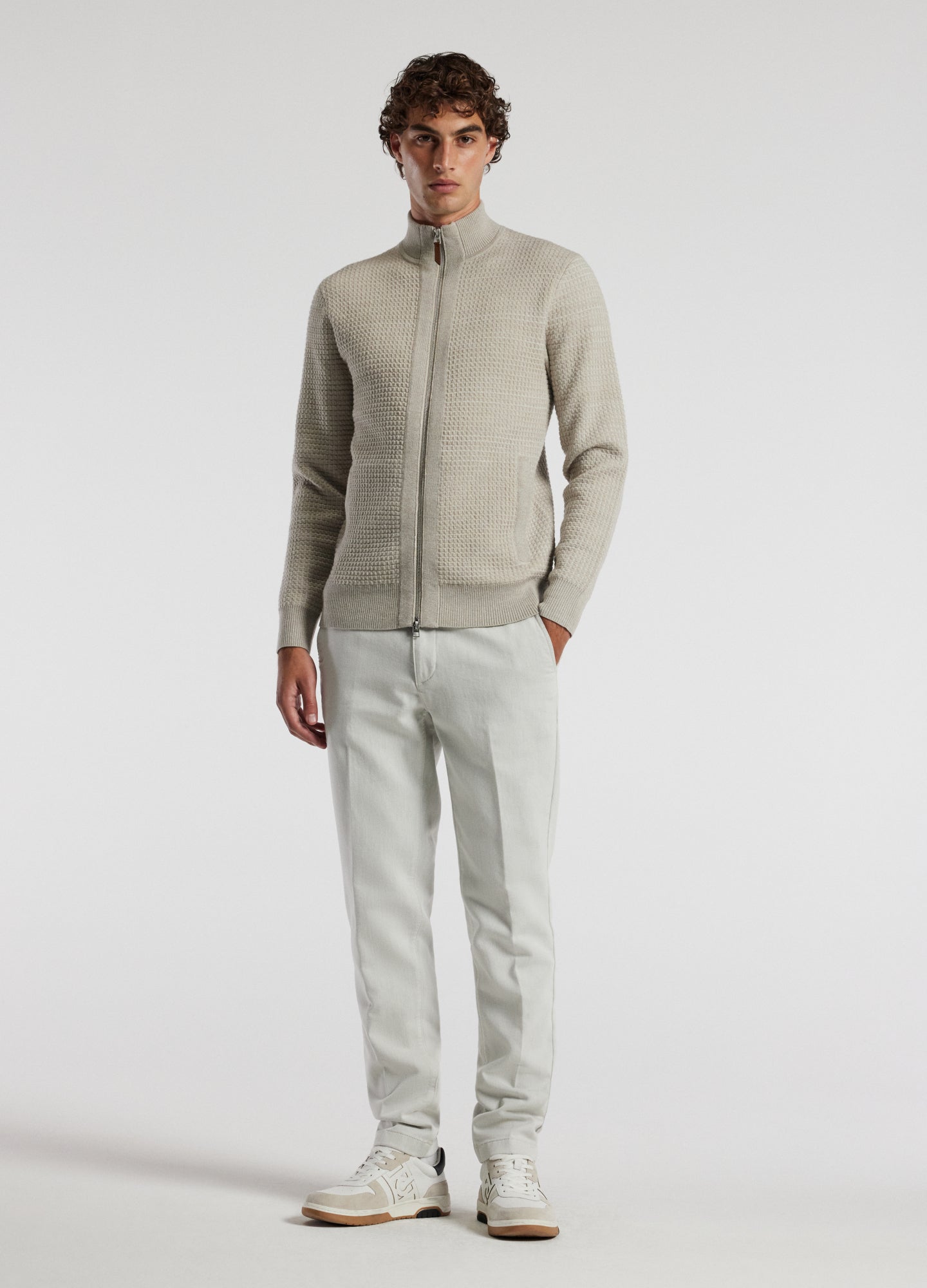 Textured Zip Cardigan Ecru
