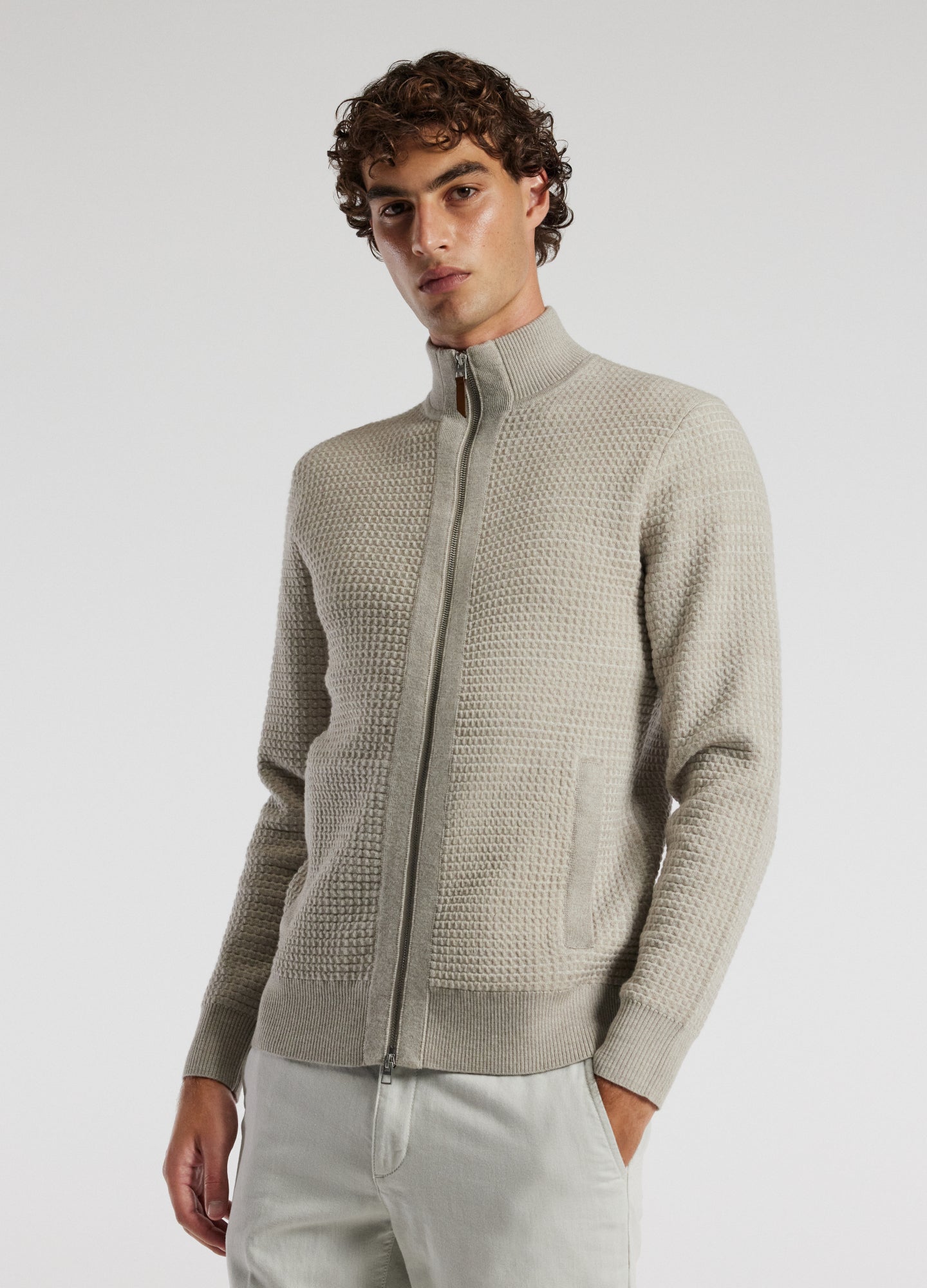 Textured Zip Cardigan Ecru
