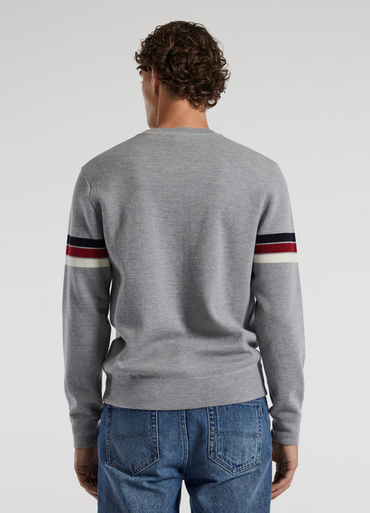 Contrast Stripe Crew Sweater Silver