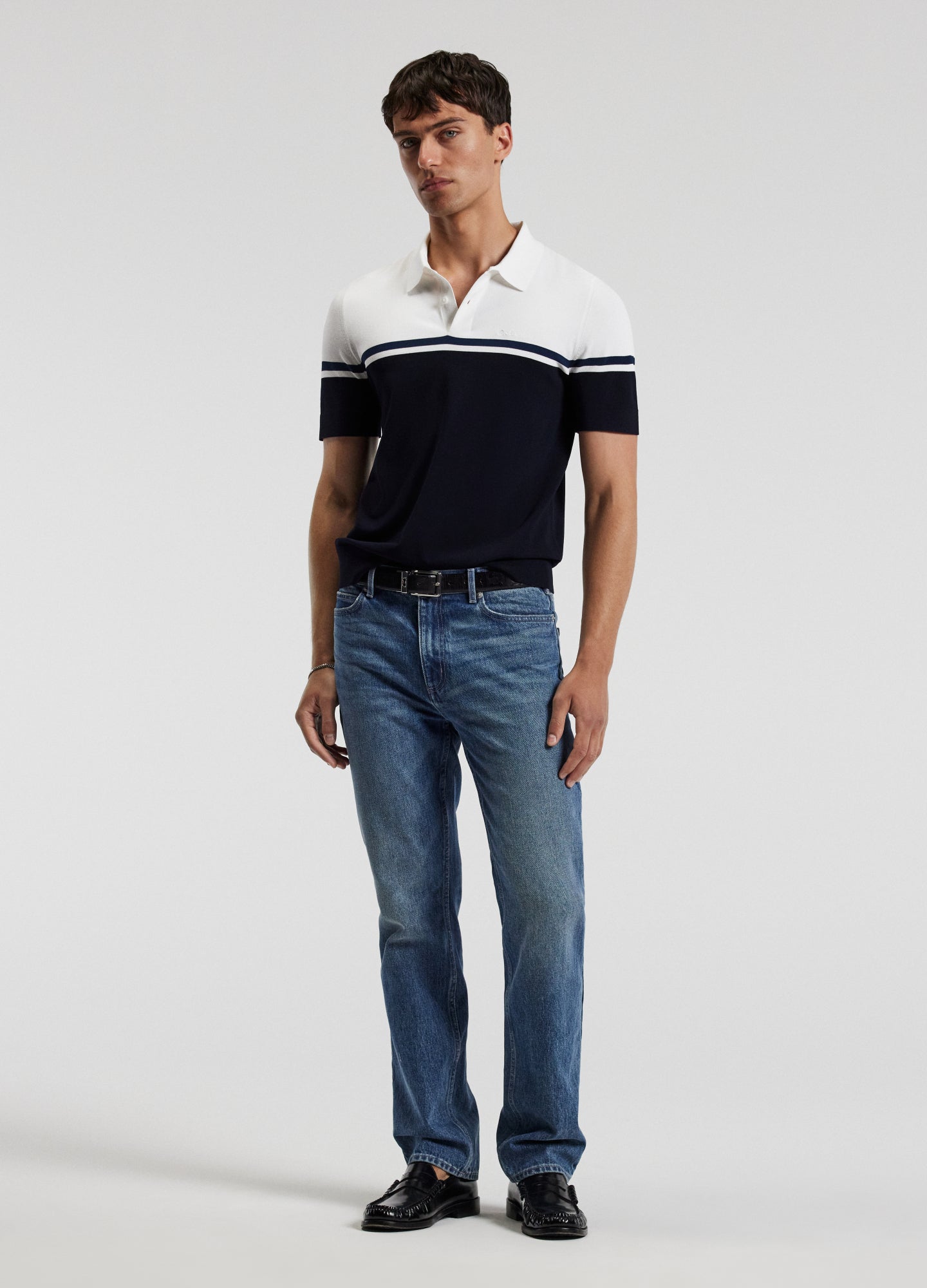 Contrast Block Stripe Polo Navy