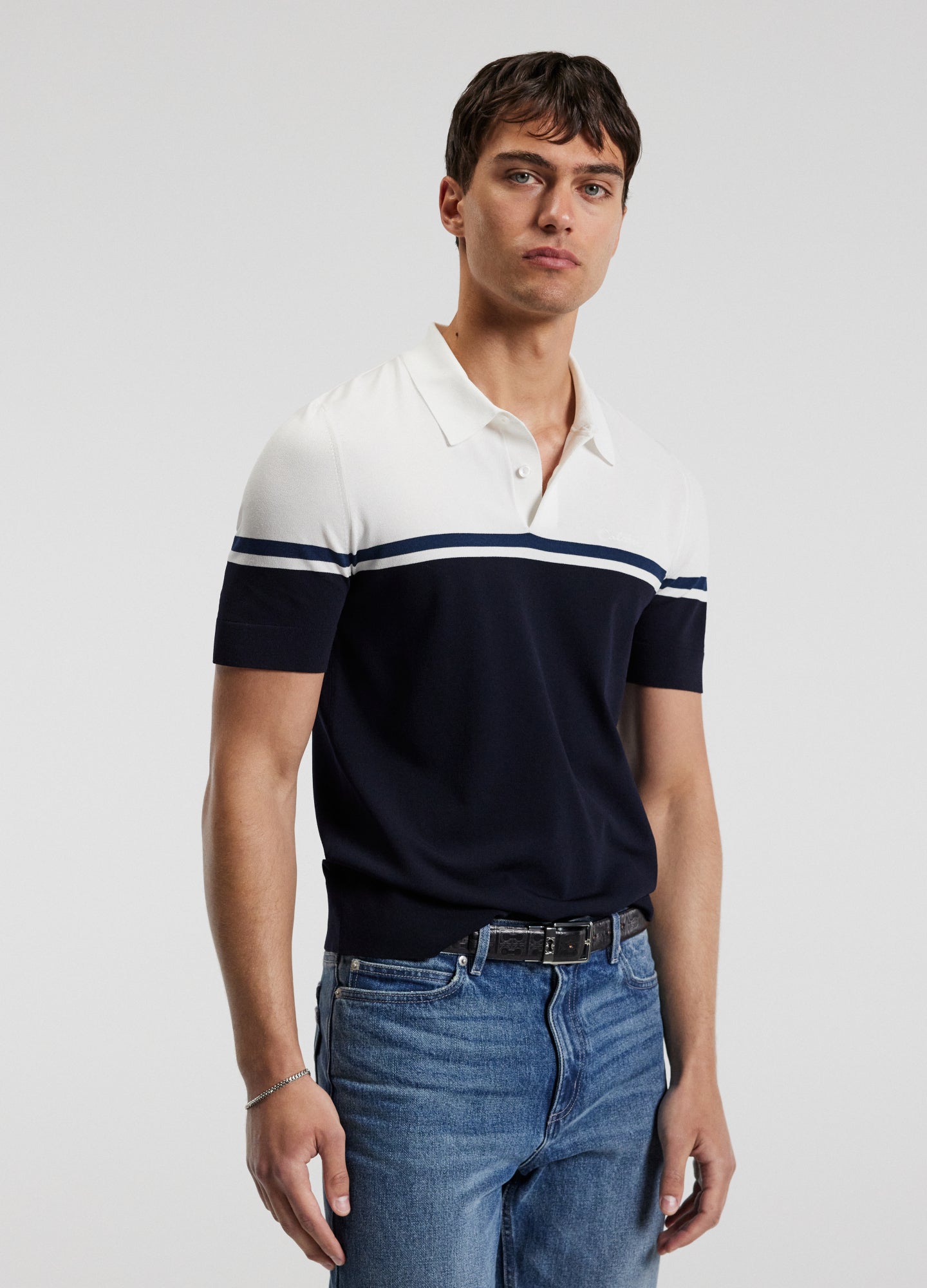 Contrast Block Stripe Polo Navy