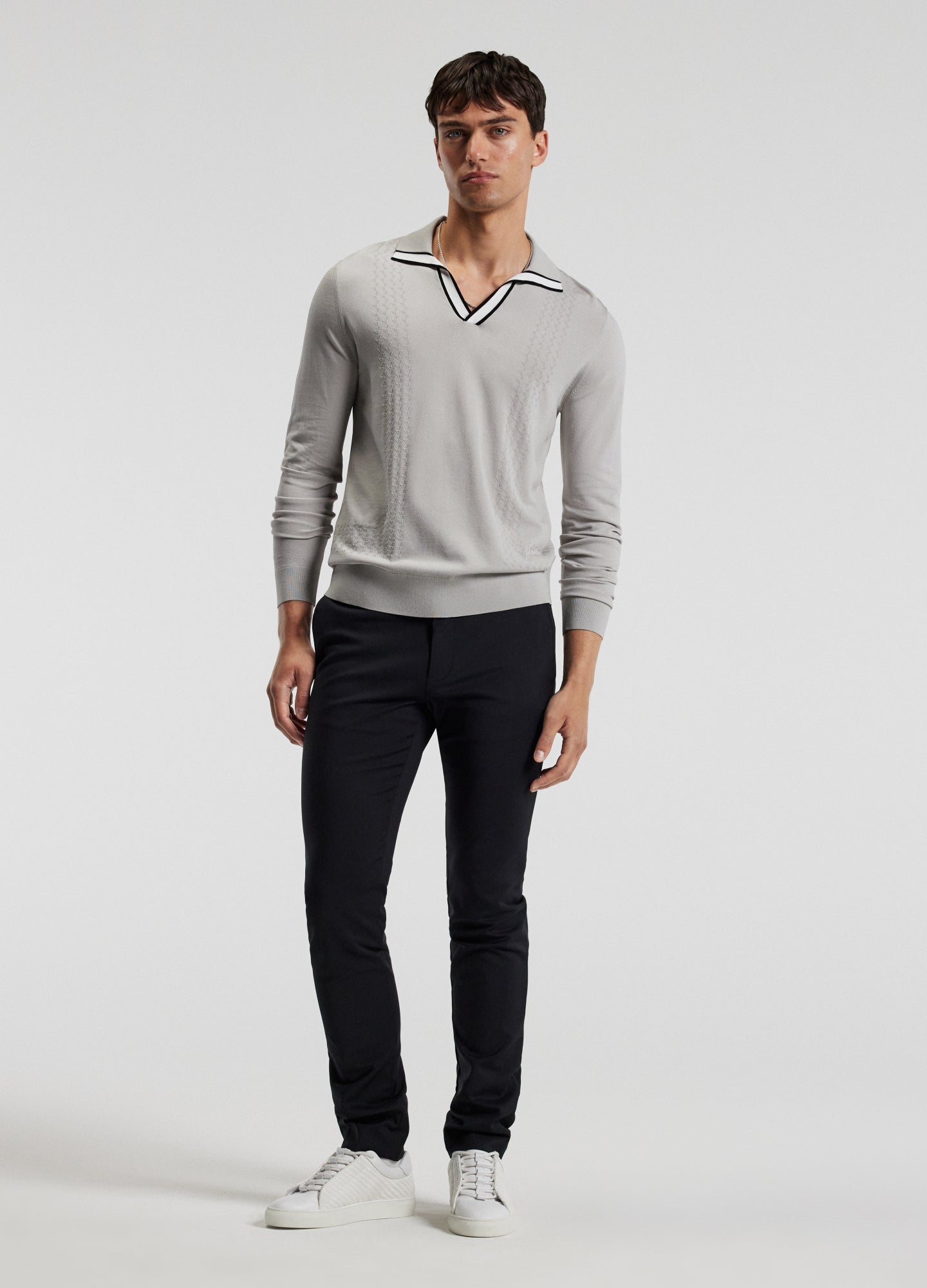 Open Neck Long Sleeve Polo Silver