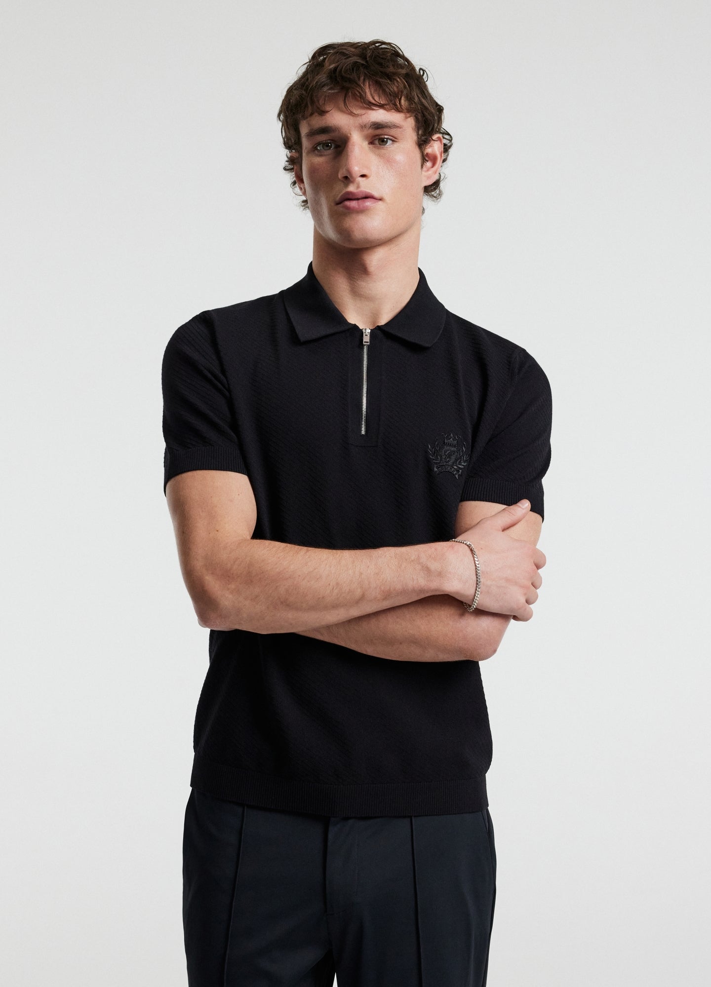 Cotton Zip Neck Polo Black