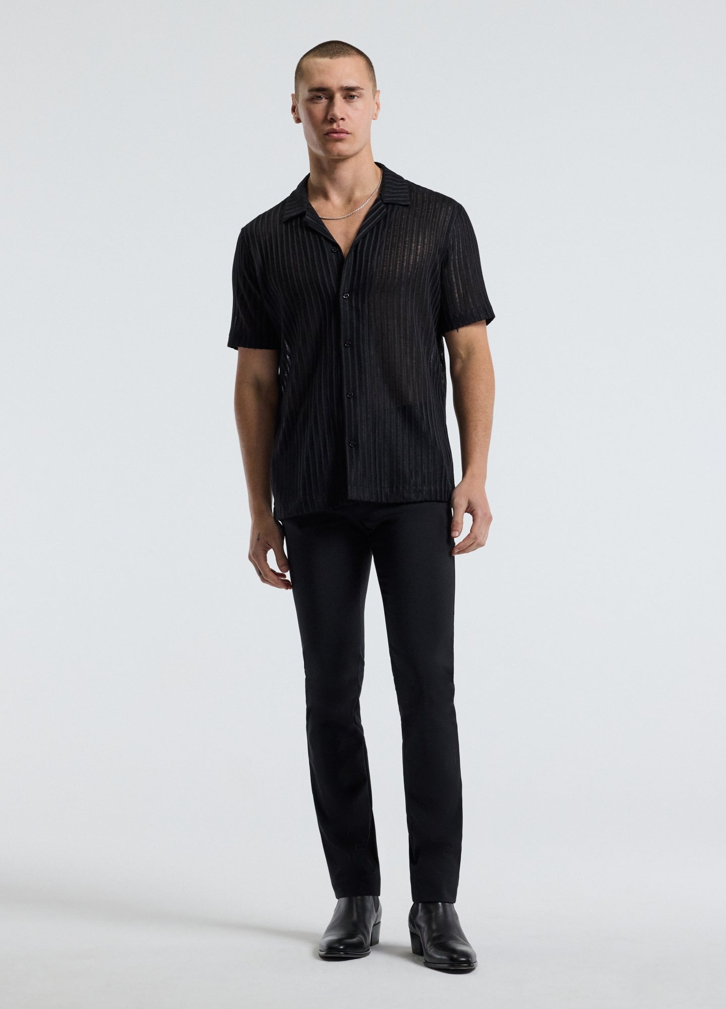 Striped Open Knit Short Sleeve Shirt Black