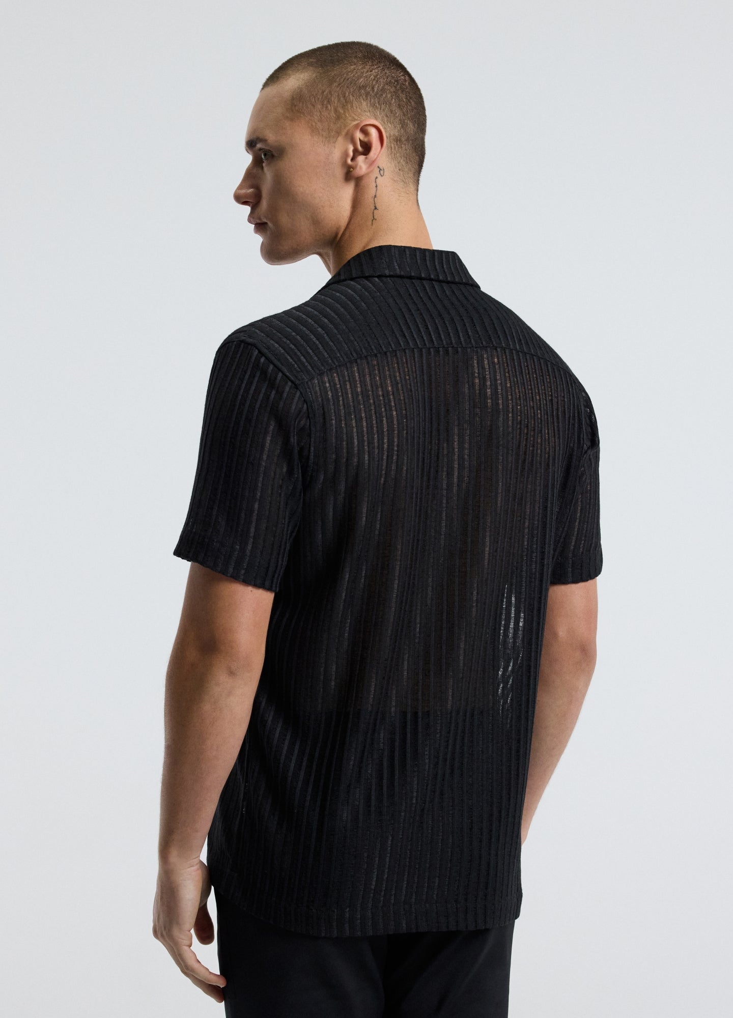 Striped Open Knit Short Sleeve Shirt Black