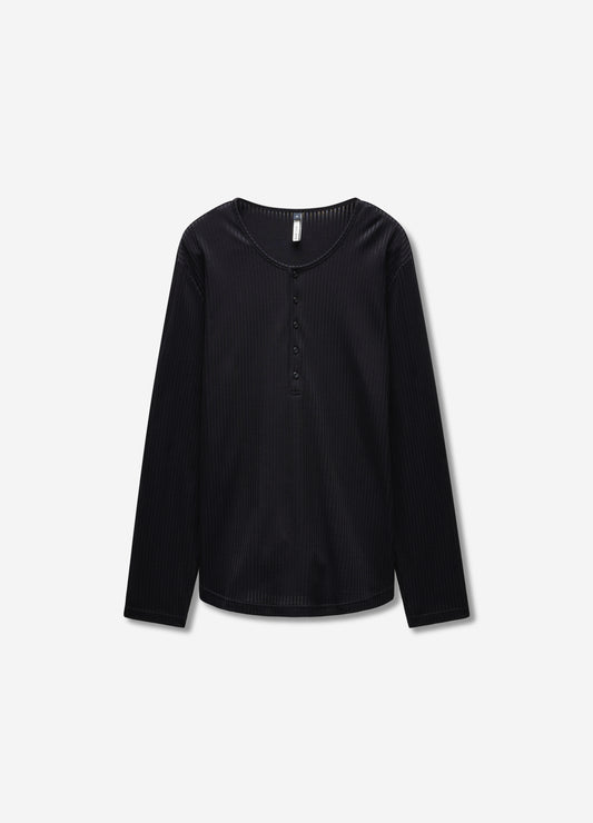Long Sleeve Ribbed Henley Top Black