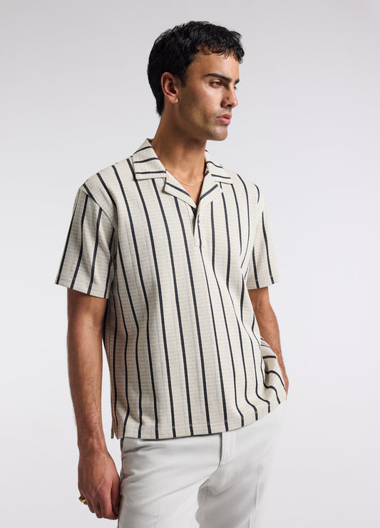 Loose Fit Stripe Cuban Collar Polo Sand