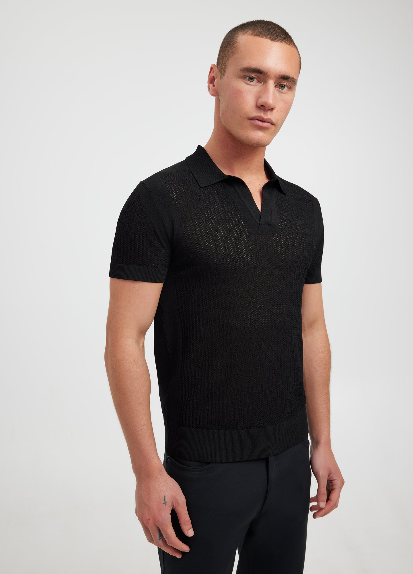 Zig Zag Lace Tech Knit Polo Black
