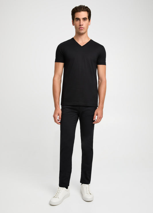 Mercerised Cotton Jersey V Neck T-shirt Black
